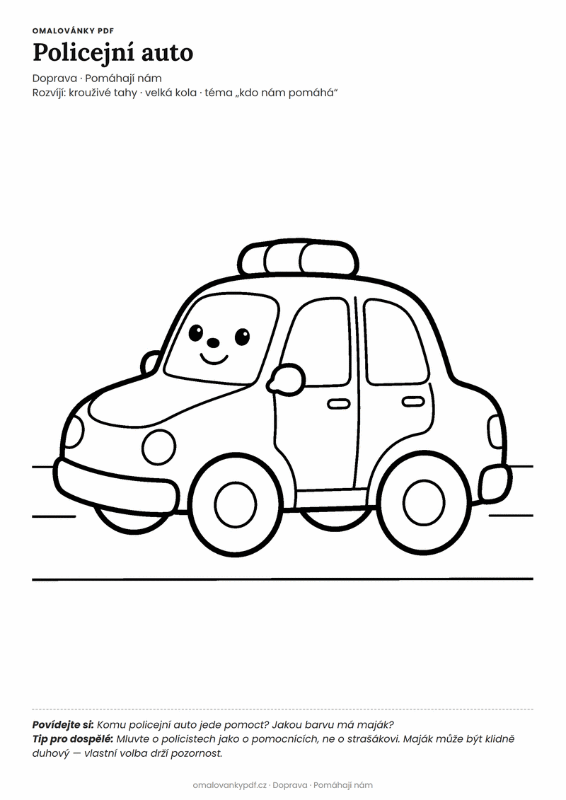 Omalovánka policejní auto k vytisknutí pro děti 3–4 roky – Policejní auto – PDF v plné velikosti k tisku zdarma