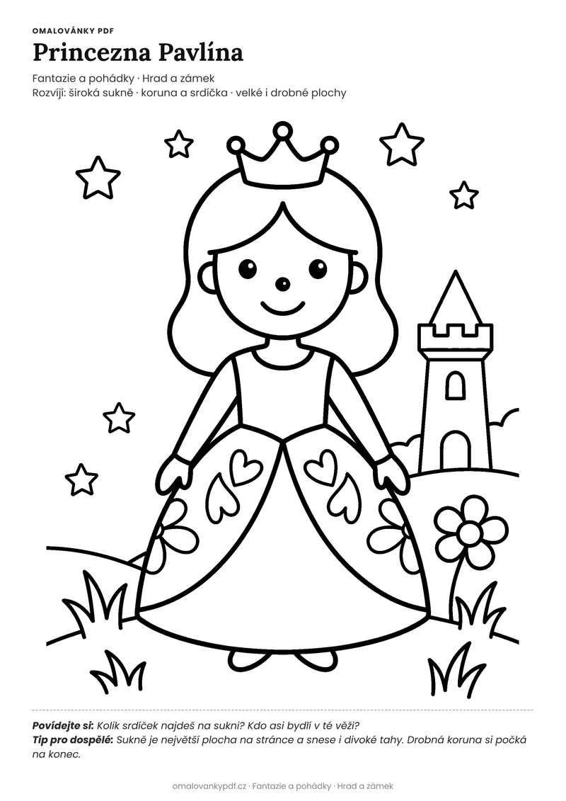 Omalovánka princezna k vytisknutí pro děti 4–5 let – Princezna Pavlína – PDF v plné velikosti k tisku zdarma