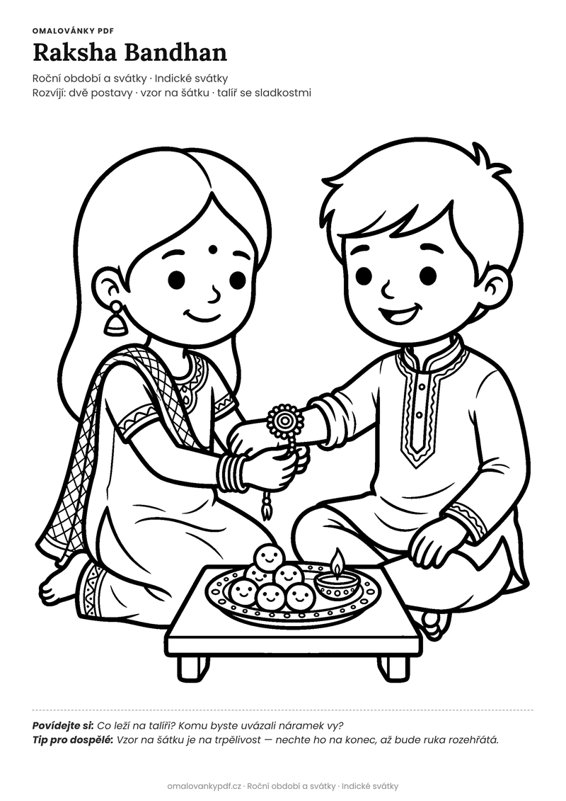 Omalovánka raksha bandhan k vytisknutí pro děti 5–6 let – Raksha Bandhan – PDF v plné velikosti k tisku zdarma
