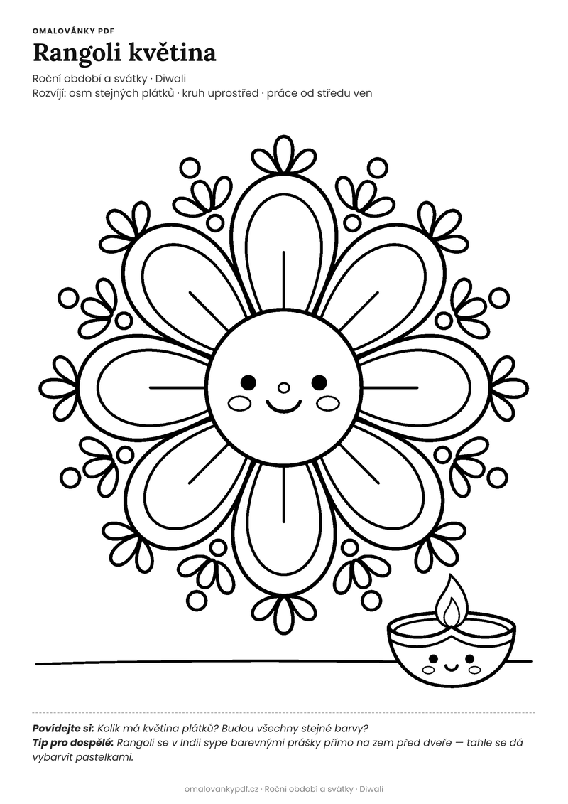 Omalovánka rangoli k vytisknutí pro děti 3–4 roky – Rangoli květina – PDF v plné velikosti k tisku zdarma