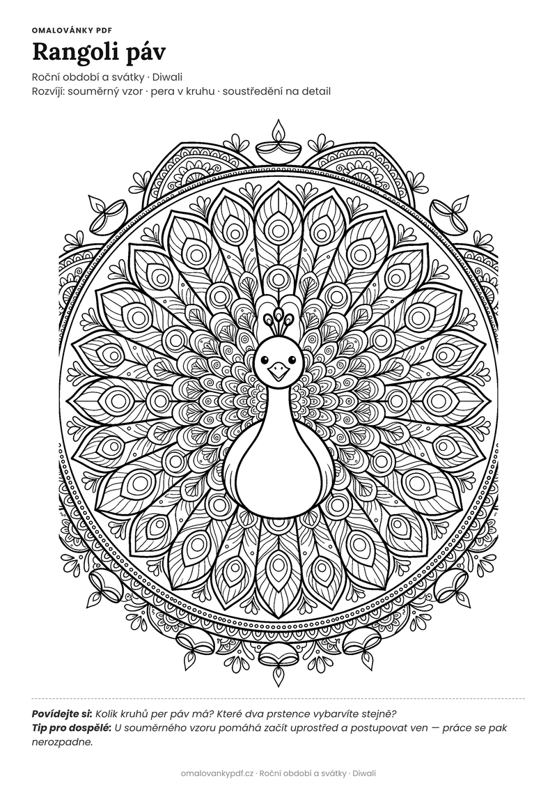 Omalovánka rangoli páv k vytisknutí pro děti 6–8 let – Rangoli páv – PDF v plné velikosti k tisku zdarma