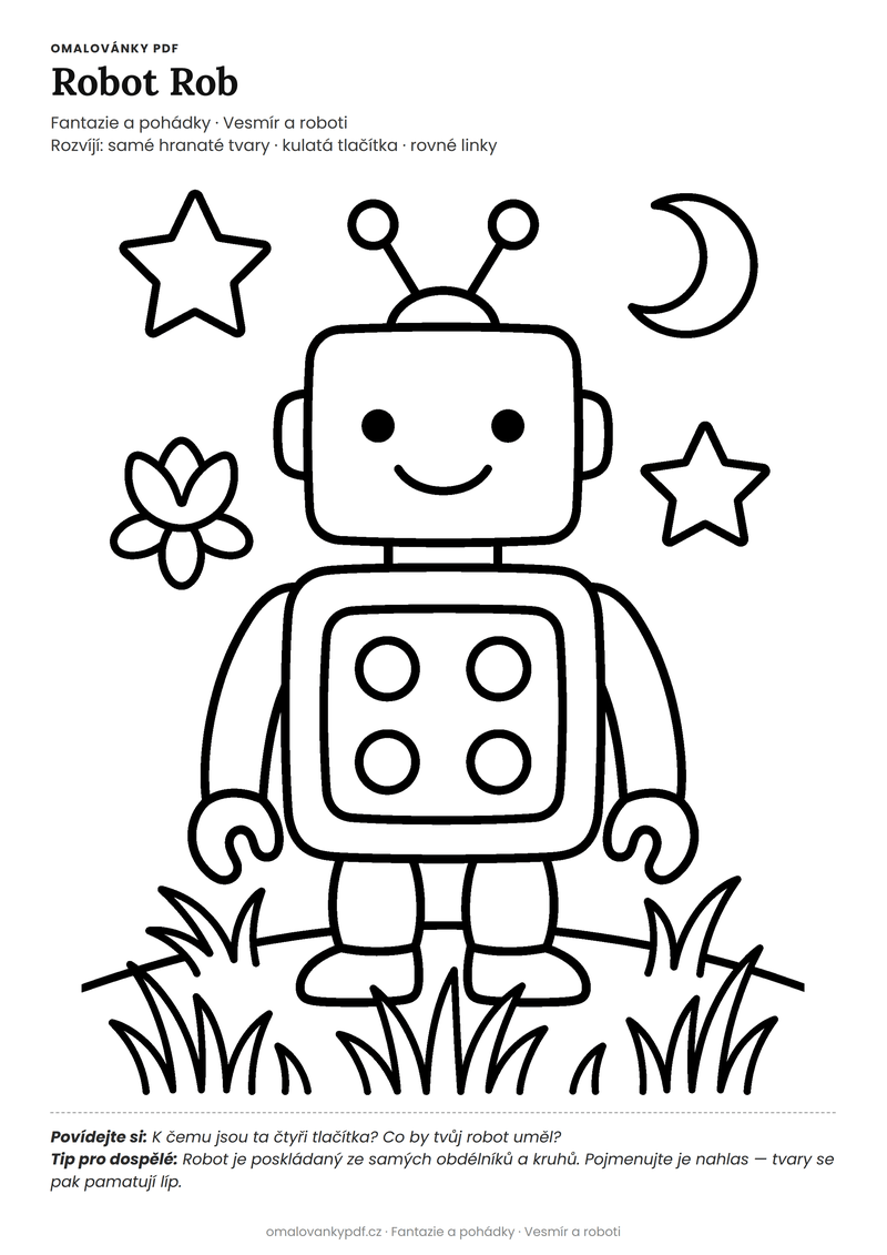 Omalovánka robot k vytisknutí pro děti 4–5 let – Robot Rob – PDF v plné velikosti k tisku zdarma