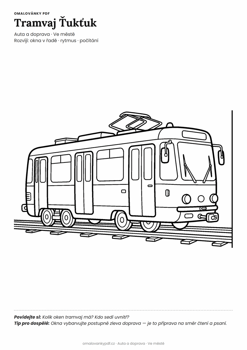 Omalovánka tramvaj k vytisknutí pro děti 4–5 let – Tramvaj Ťukťuk – PDF v plné velikosti k tisku zdarma