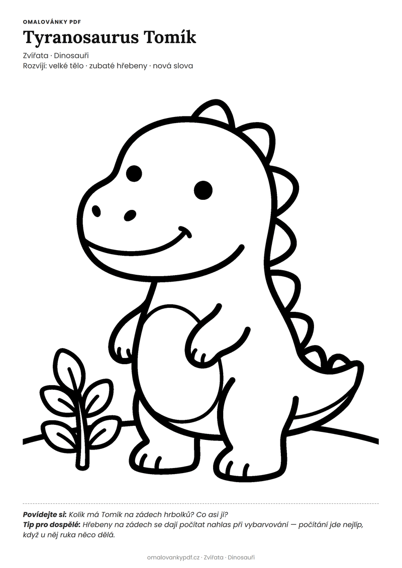 Omalovánka tyranosaurus k vytisknutí pro děti 3–4 roky – Tyranosaurus Tomík – PDF v plné velikosti k tisku zdarma