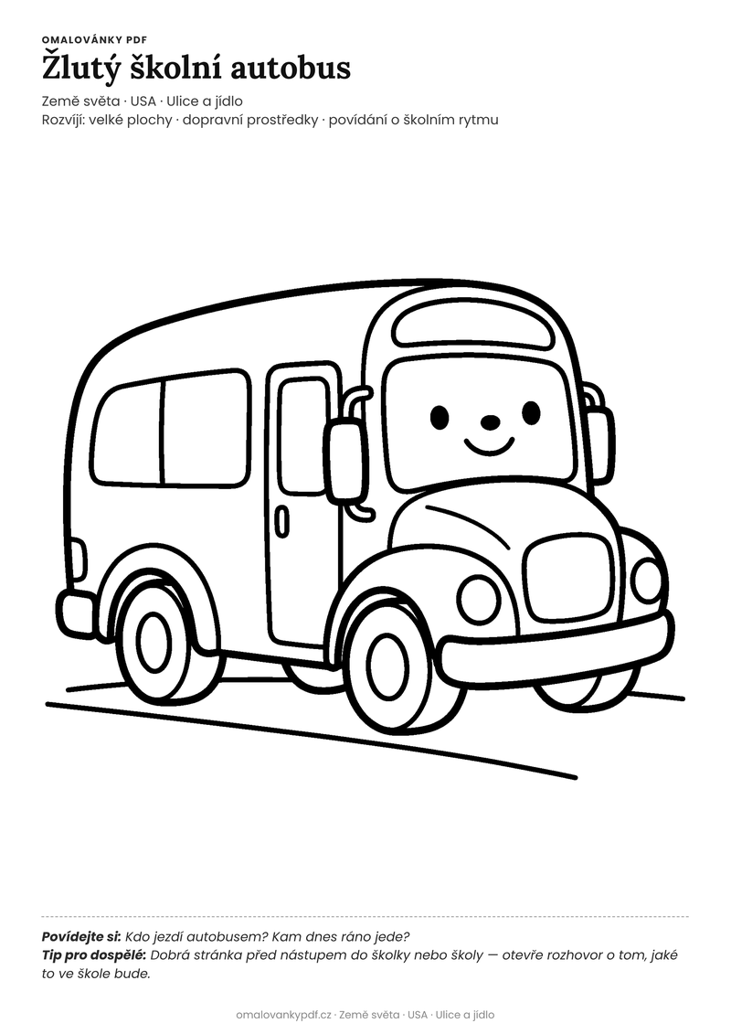 Omalovánka školní autobus k vytisknutí pro děti 3–4 roky – Žlutý školní autobus – PDF v plné velikosti k tisku zdarma