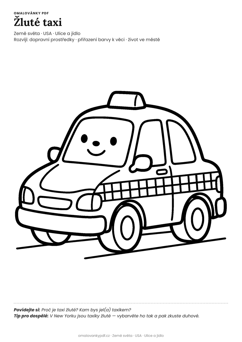 Omalovánka žluté taxi k vytisknutí pro děti 3–4 roky – Žluté taxi – PDF v plné velikosti k tisku zdarma