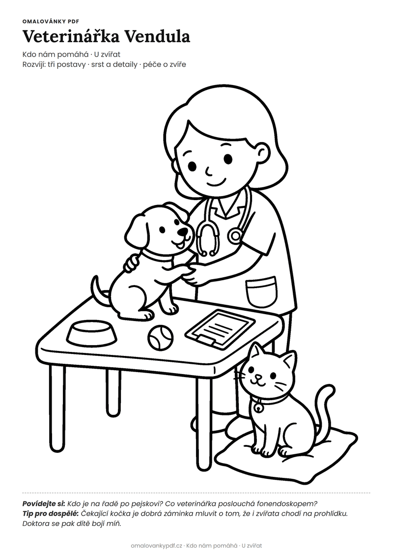 Omalovánka veterinář k vytisknutí pro děti 5–6 let – Veterinářka Vendula – PDF v plné velikosti k tisku zdarma