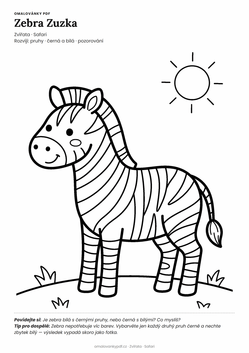 Omalovánka zebra k vytisknutí pro děti 4–5 let – Zebra Zuzka – PDF v plné velikosti k tisku zdarma