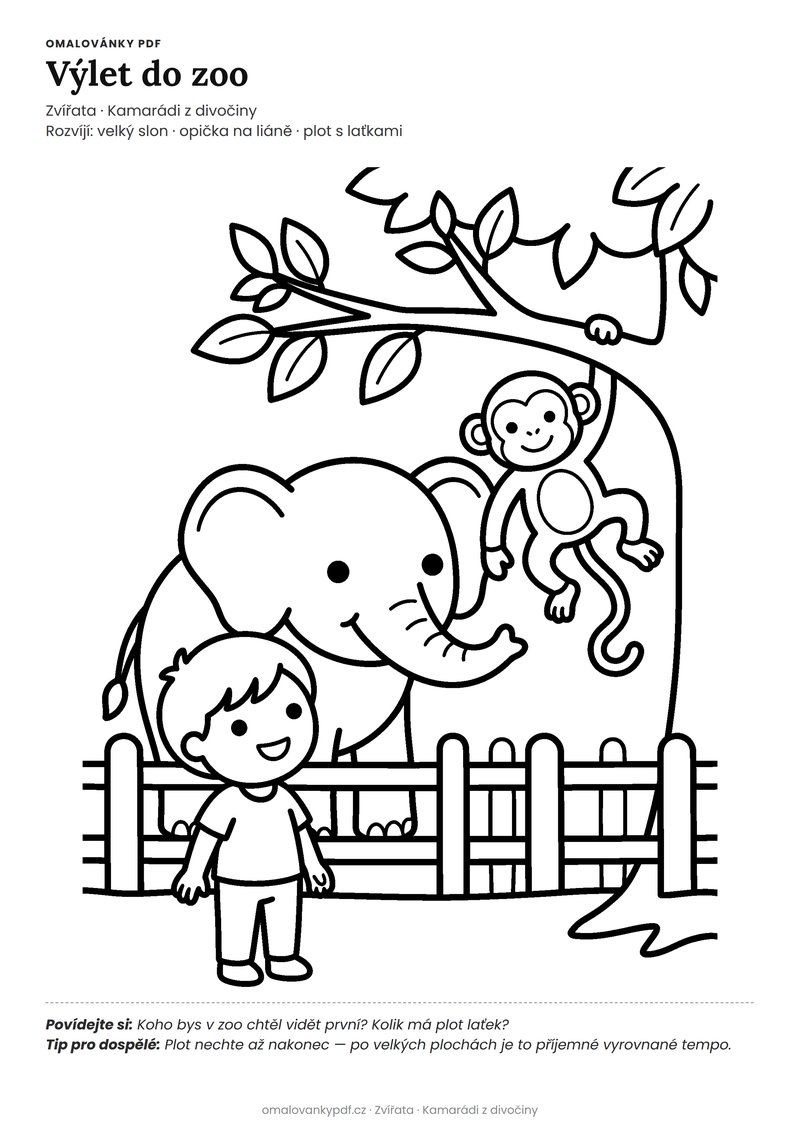 Omalovánka zoo k vytisknutí pro děti 5–6 let – Výlet do zoo – PDF v plné velikosti k tisku zdarma